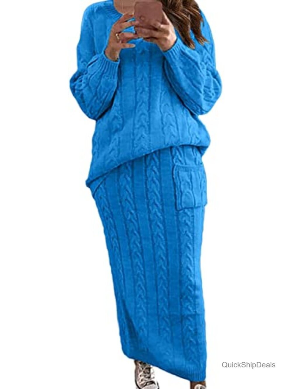 Chunky Cable Knit Sweater and Long Skirt Set 2 Piece Outfit Cotton